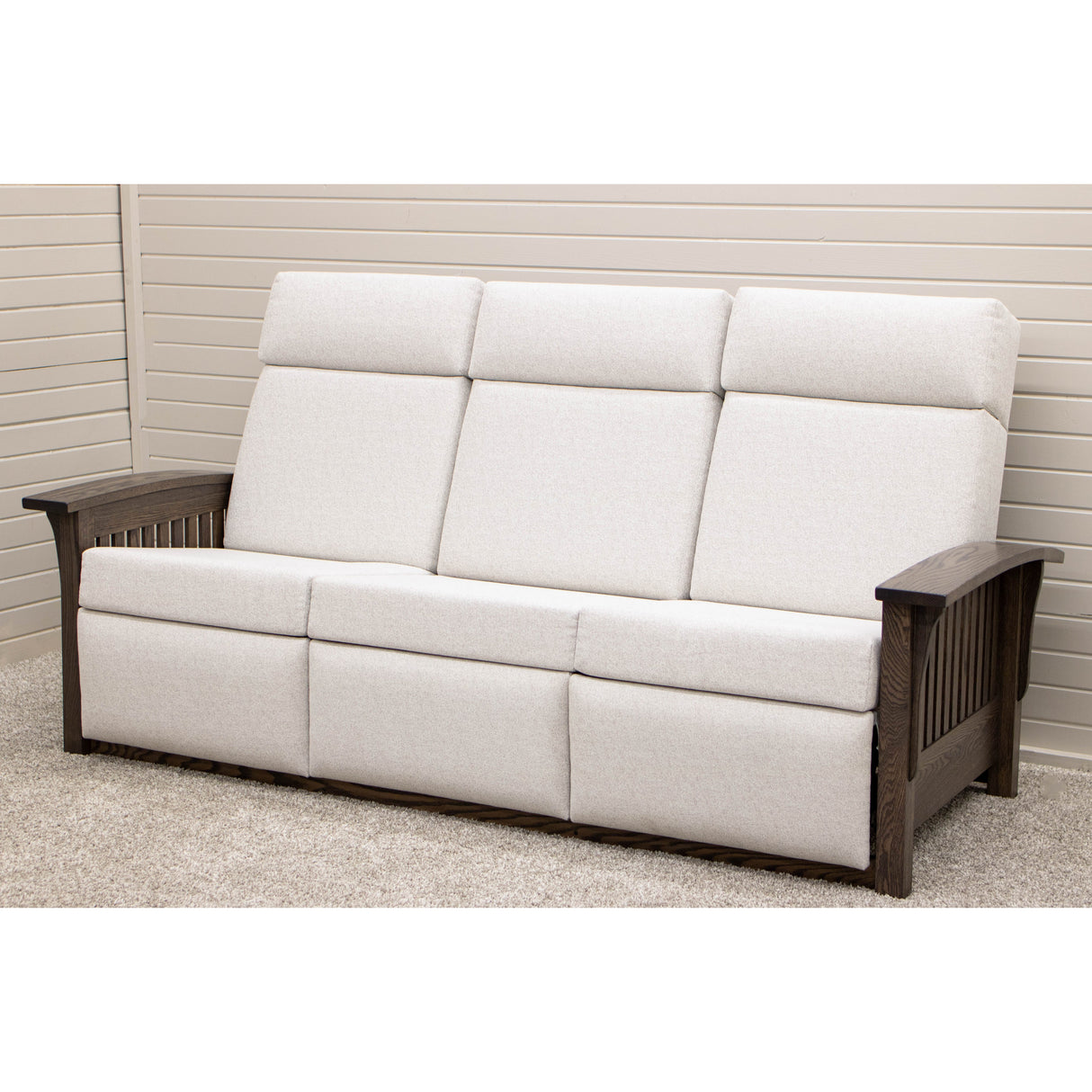 Mission White Wallhugger Reclining Sofa with Wood Arms | 23-13