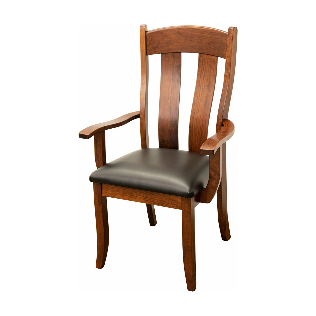 Austin Cherry Wood Arm Dining Chair with Black Faux Leather Seat | MC
