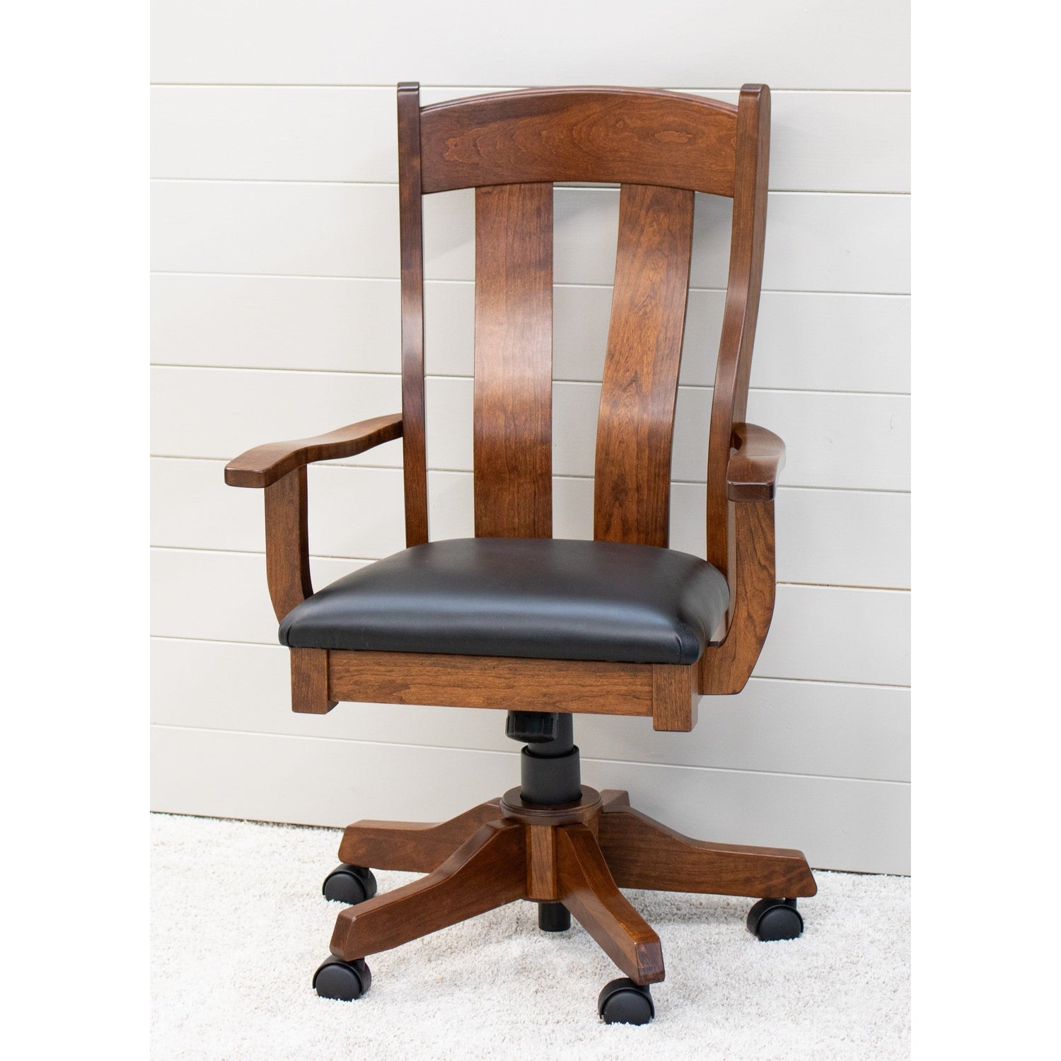 Austin Cherry Wood Office Arm Chair with Black Faux Leather Seat | MC