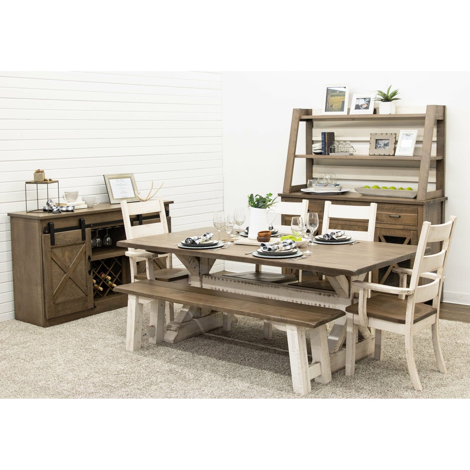 Farmhouse Maple Wood Wine Buffet with Hutch Topper | CS&DCD