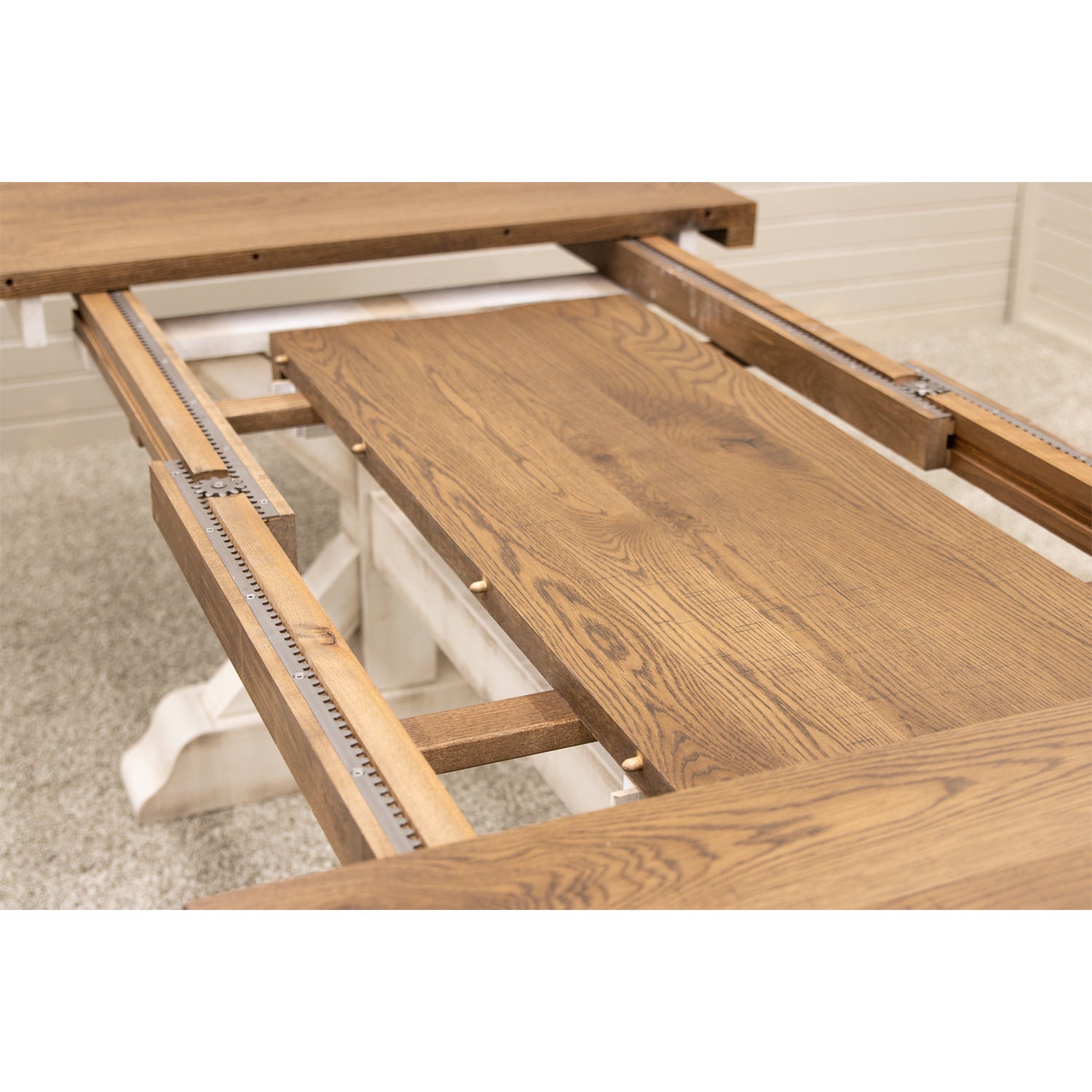 Farmhouse Trestle White & Wood Extending Dining Table with Built-Down Top | M-CS&RWO-CO
