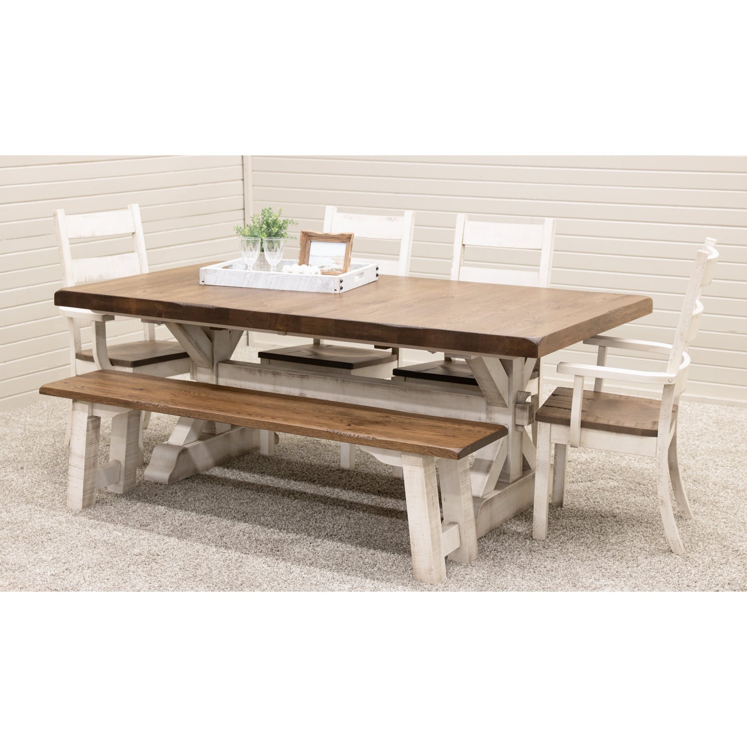 Farmhouse Trestle White & Wood Extending Dining Table with Built-Down Top | M-CS&RWO-CO
