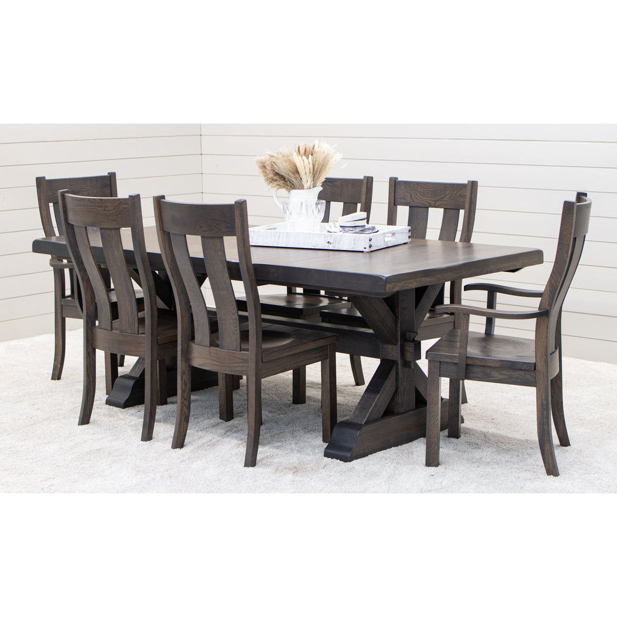 Farmhouse Trestle White Oak Wood Extending Dining Table with Built-Down Top | SB