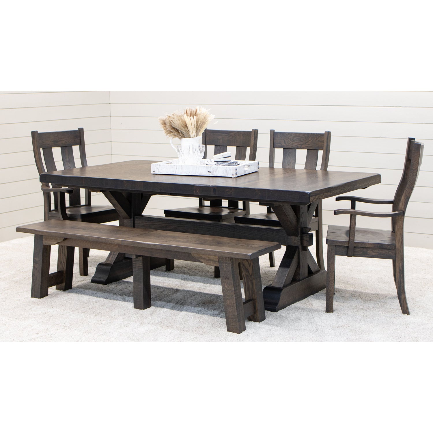 Farmhouse Trestle White Oak Wood Extending Dining Table with Built-Down Top | SB