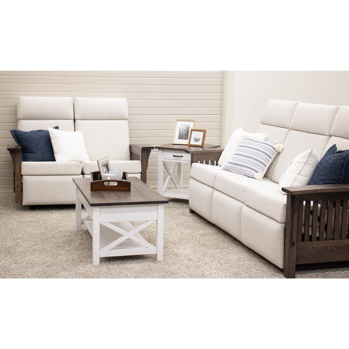 Mission White Wallhugger Reclining Sofa with Wood Arms | 23-13