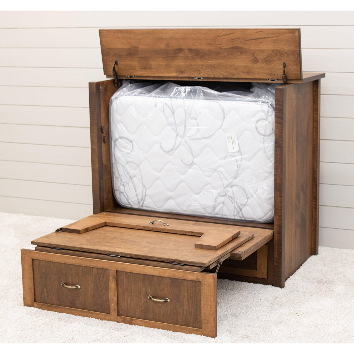 Mission Style Maple Wood Twin Size Murphy Bed Cabinet with Drawers | CO