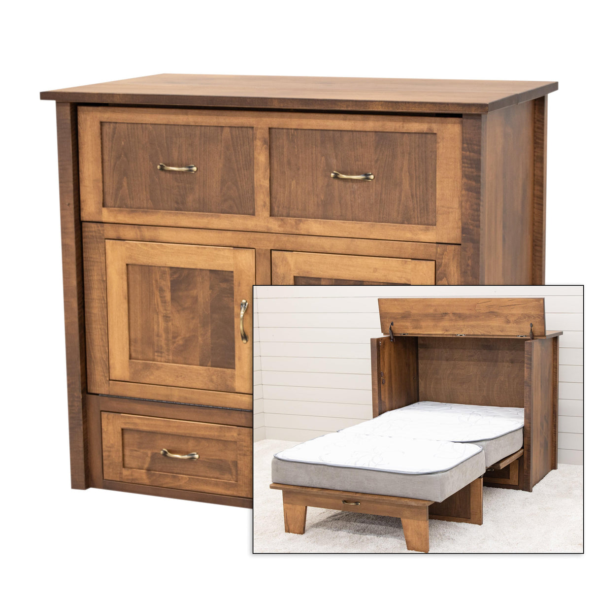 Mission Style Maple Wood Twin Size Murphy Bed Cabinet with Drawers | HC