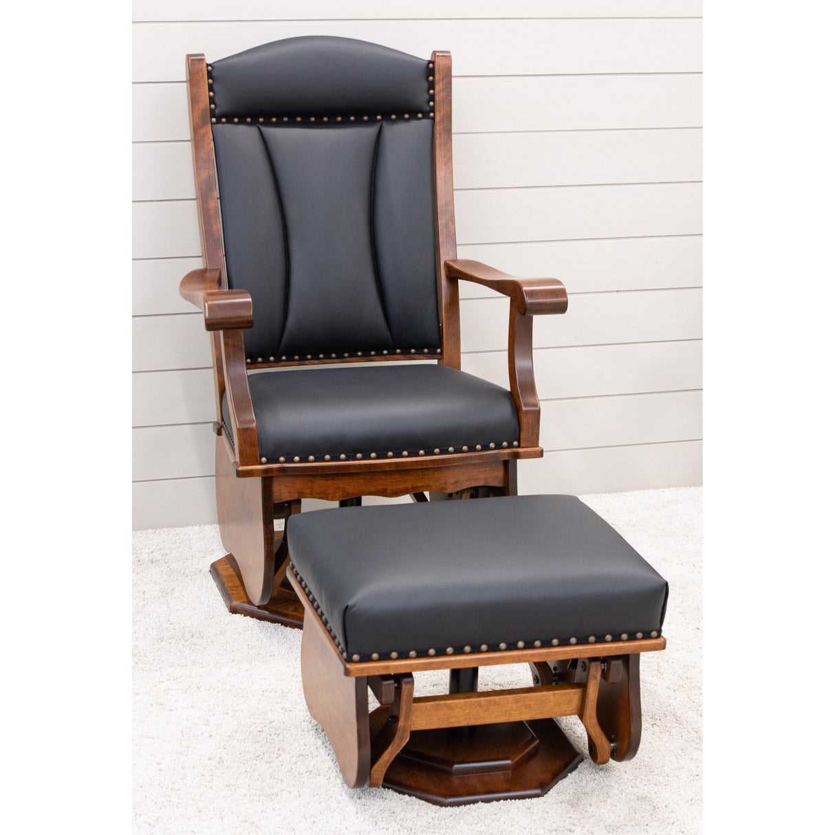 SPG-47 Clark Black Leather Swivel Glider & Ottoman | C-MC