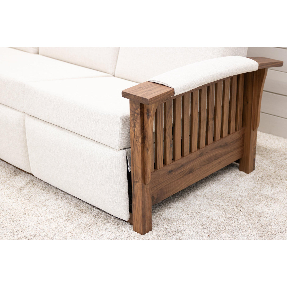 Mission White Wallhugger Reclining Sofa with Walnut Wood Arms