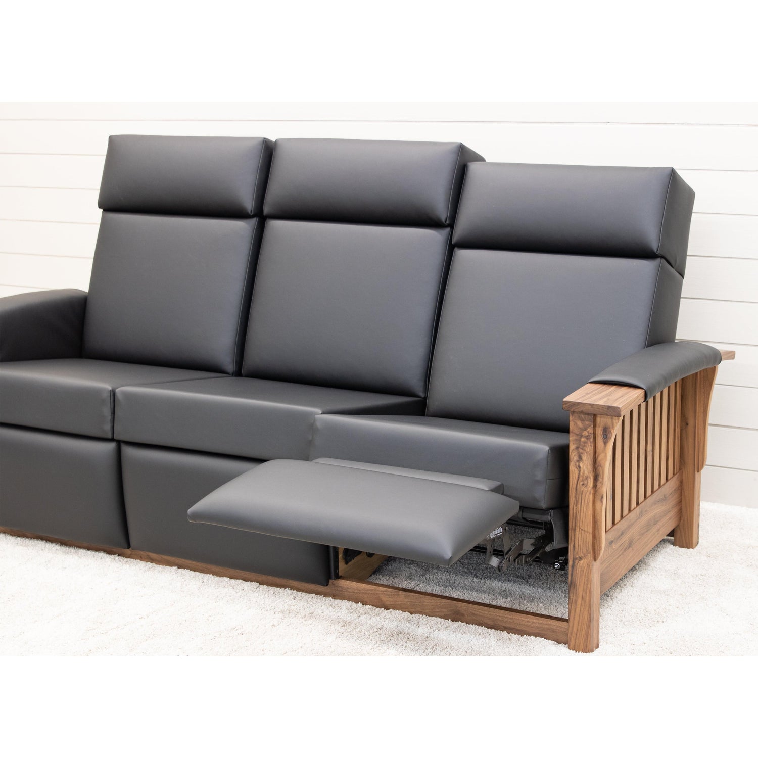 Mission Black Faux Leather Wallhugger Reclining Sofa with Wood Arms