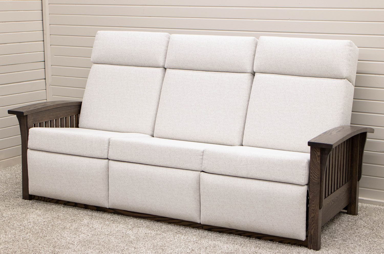 Mission White Wallhugger Reclining Sofa with Wood Arms | 23-13