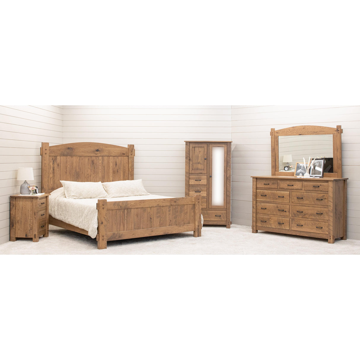 Roughsawn King White Oak Wood Storage Platform Bed with Arched Headboard | WB