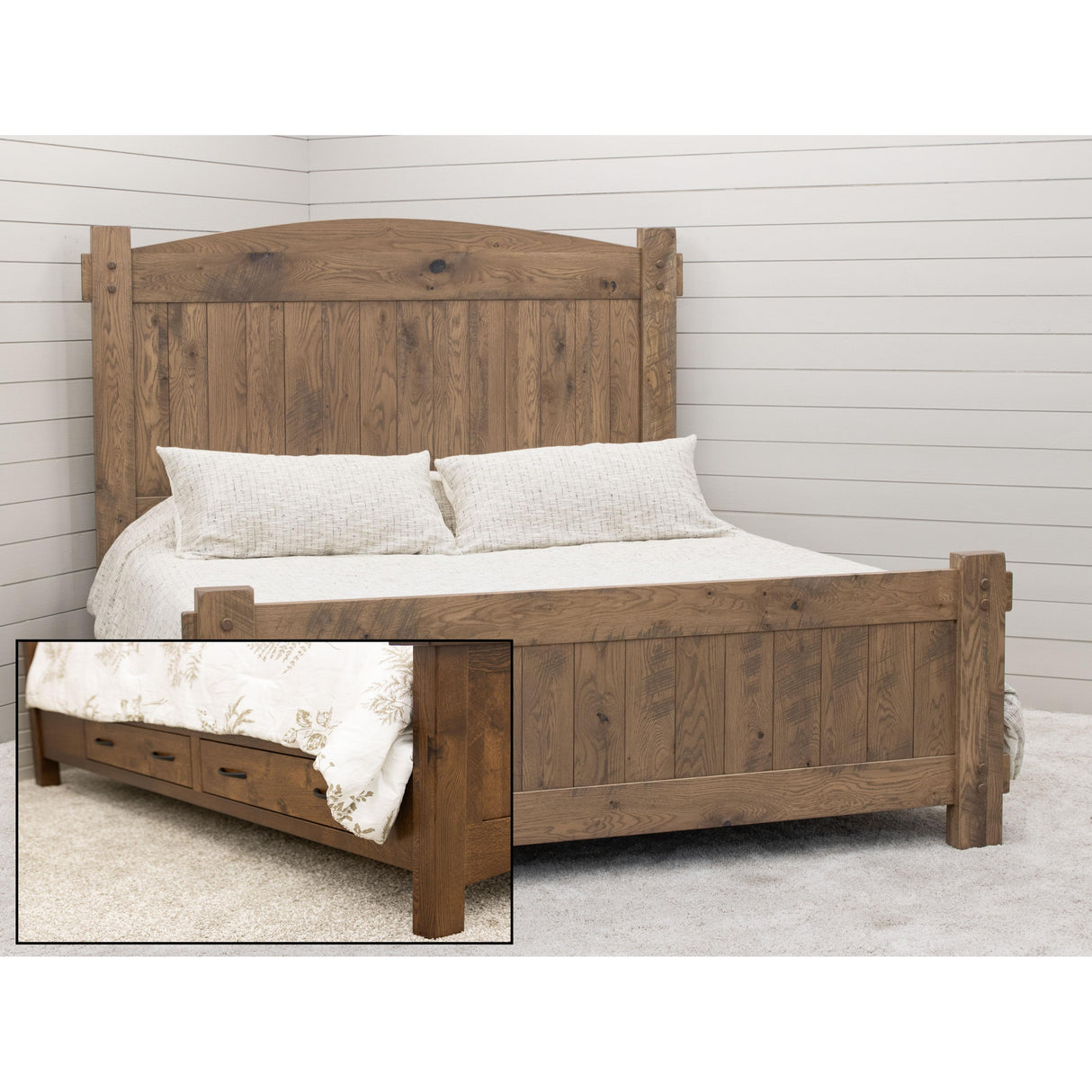 Roughsawn King White Oak Wood Storage Platform Bed with Arched Headboard | WB