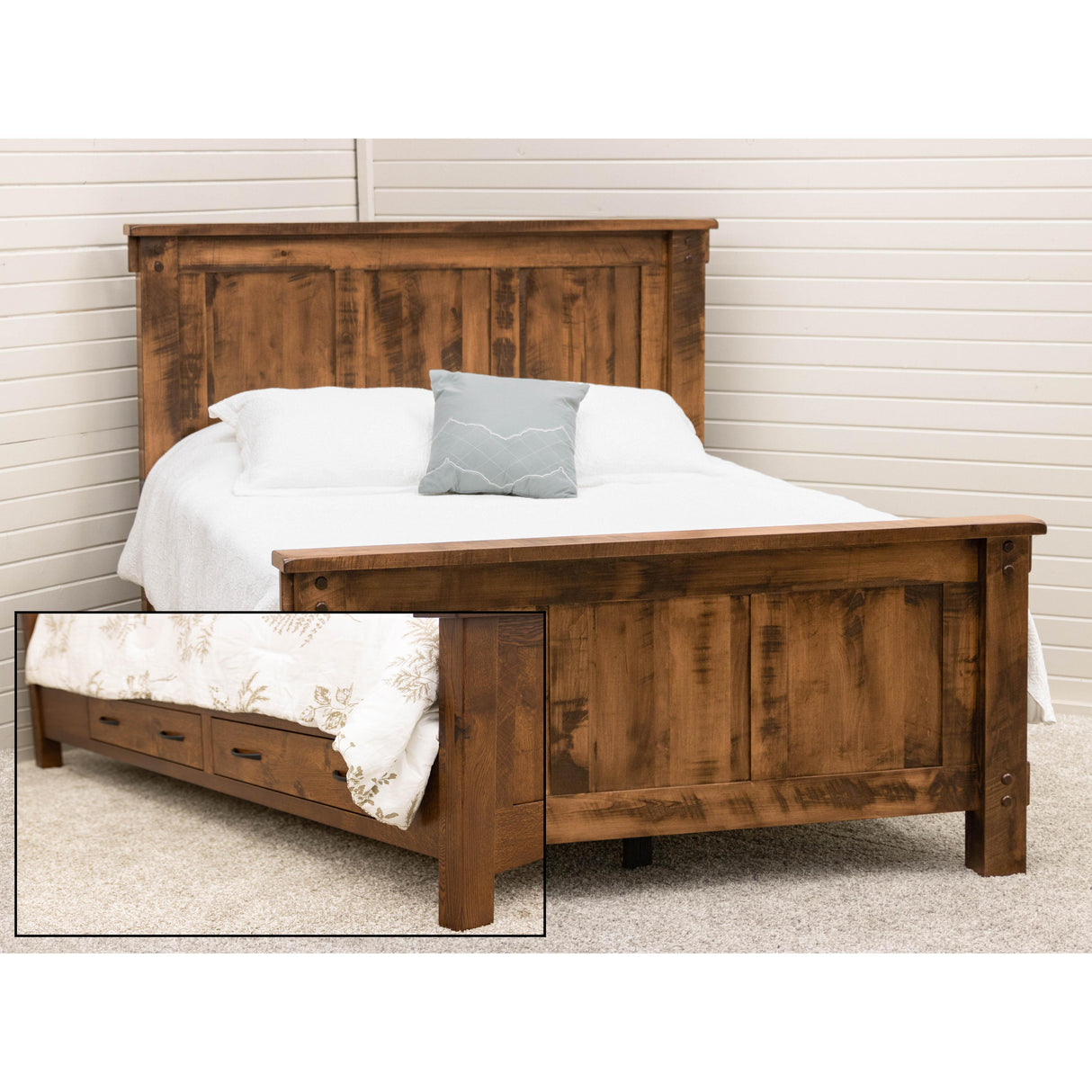 Roughsawn Full Maple Wood Storage Platform Bed with Straight Headboard | HC