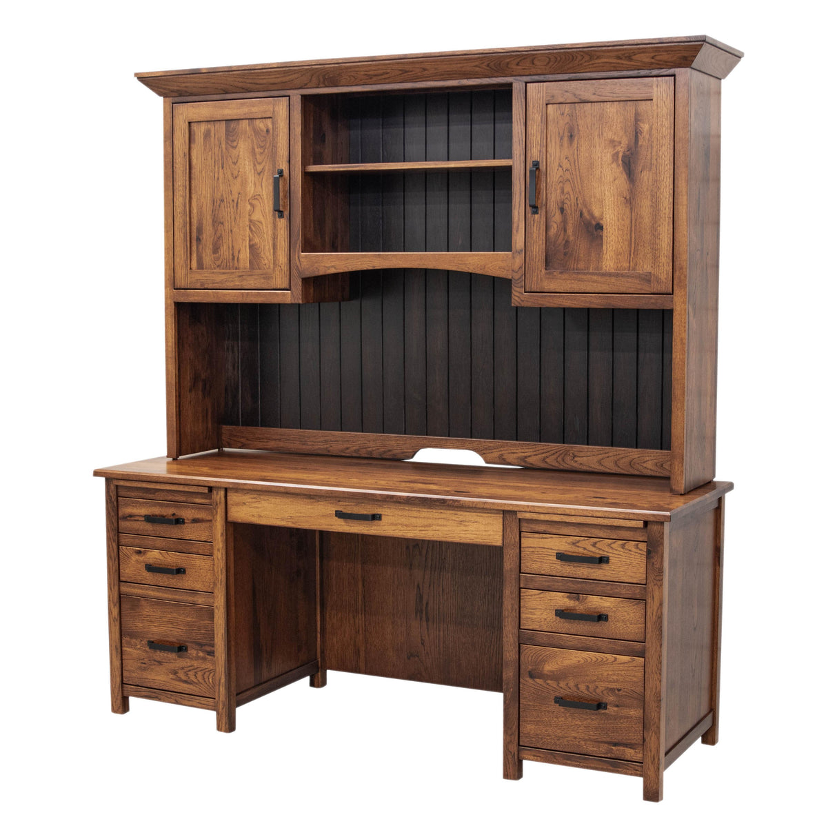 Jackson Hickory Wood Flat Wall Desk with Hutch Top | H-ASB&M-EB