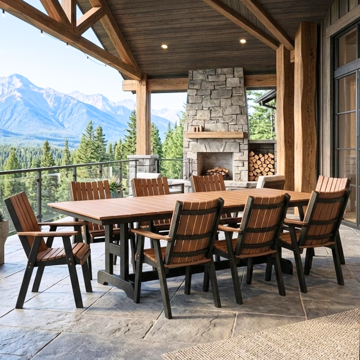 Large Poly Wood Outdoor Dining Table and chairs for 8 on the back porch of a mountain cabin