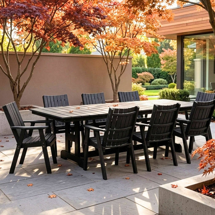 Large Modern Black Composite Patio Table Set with 8 Chairs on patio.