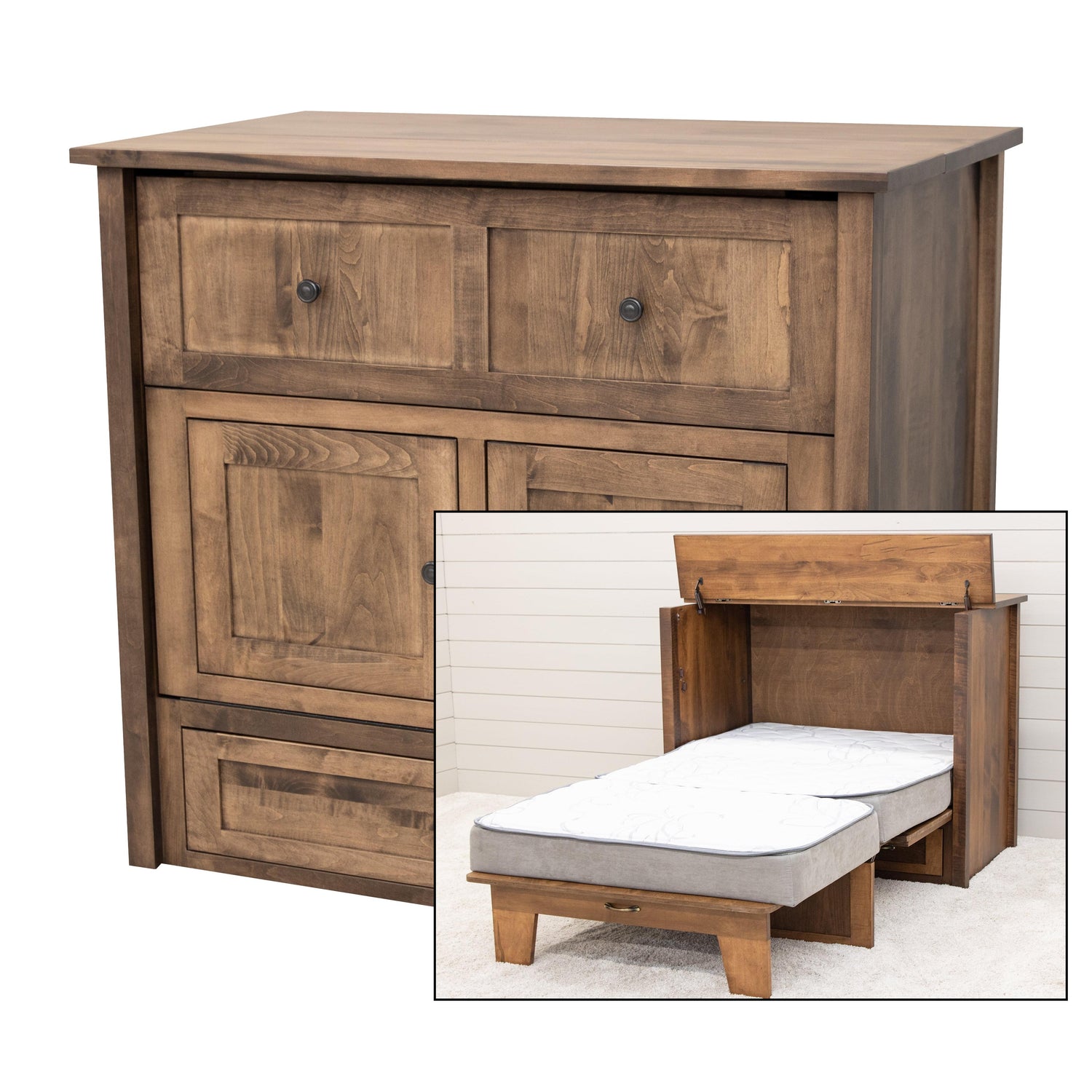 Mission Style Maple Wood Twin Size Murphy Bed Cabinet with Drawers | CO