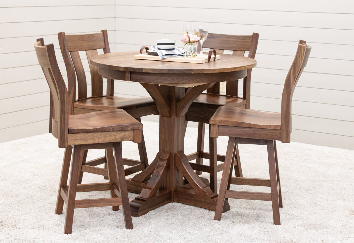 Newport Round Natural Walnut Pub Table Set with 4 Bar Stools