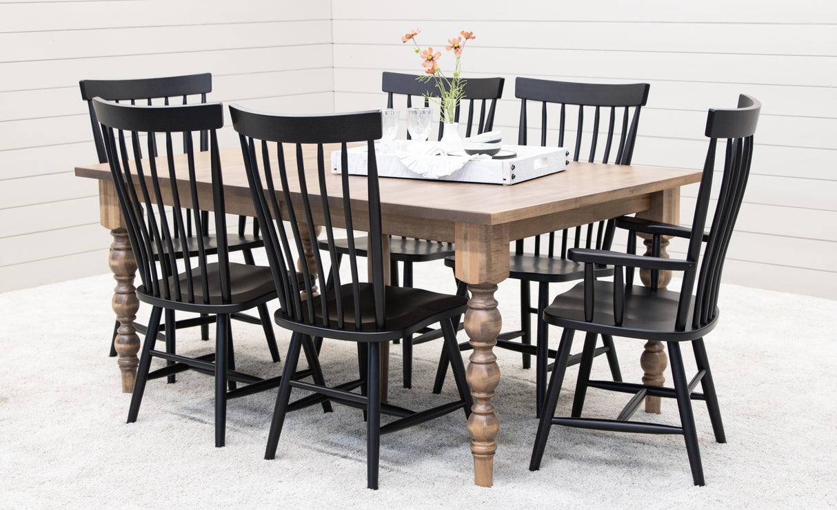 Parson Turned Leg Maple Table Set with 6 Black Chairs