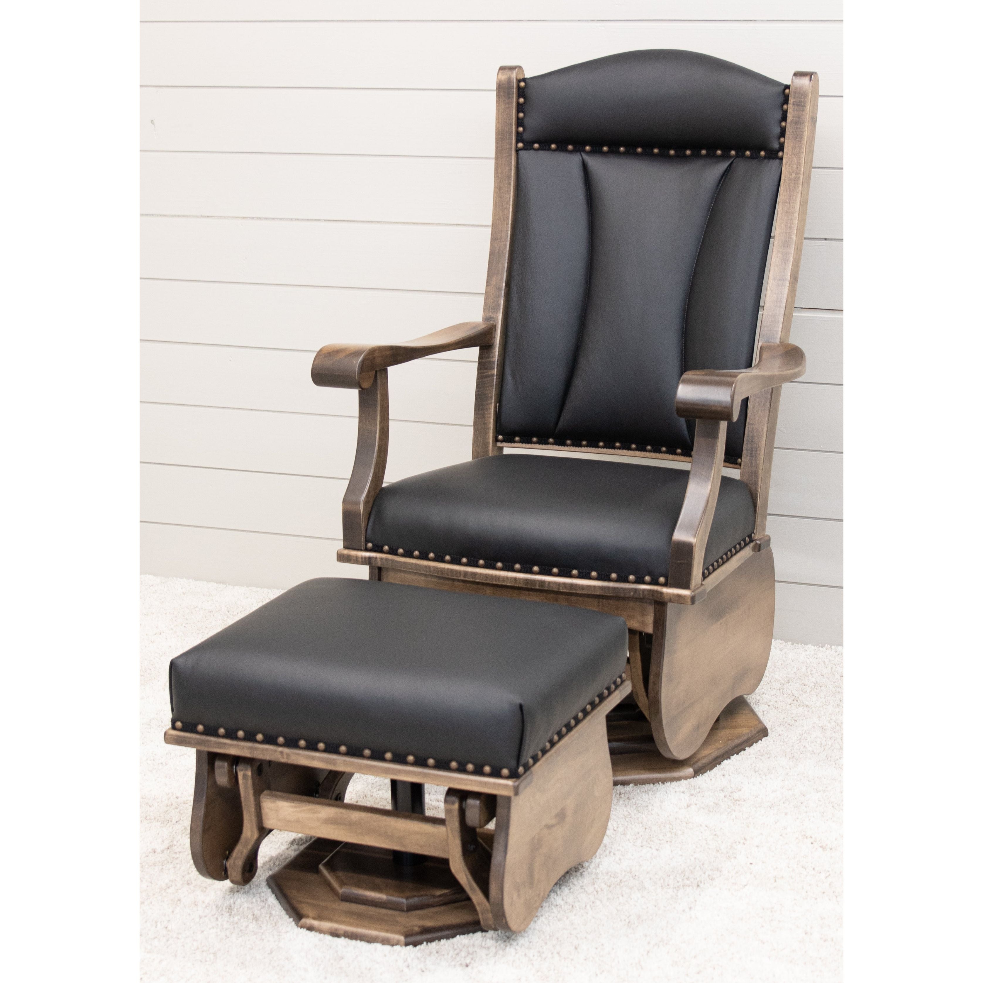 Clark Black Leather Swivel Glider & Ottoman with Maple Frame